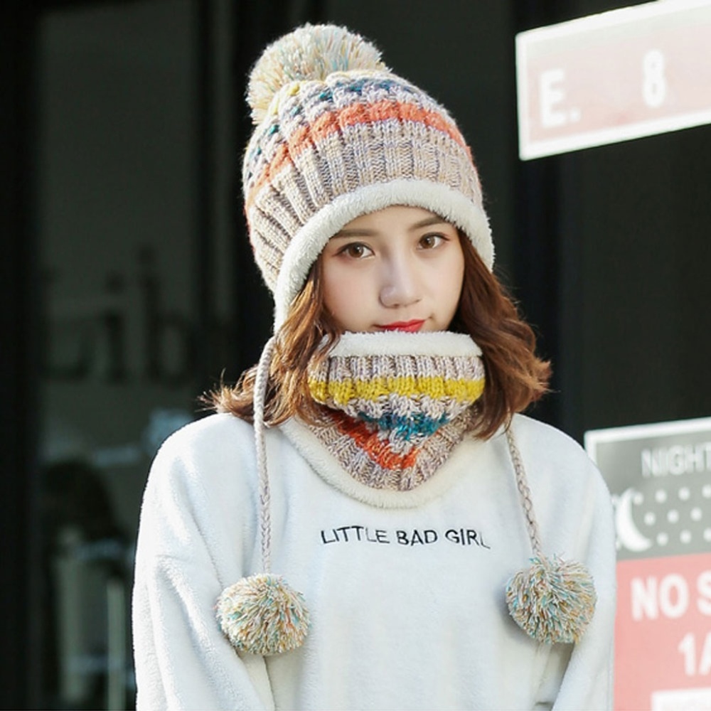 Winter Colorful Knit Pom Pom Hat with Neck Gaiter - Picture 2 of 8